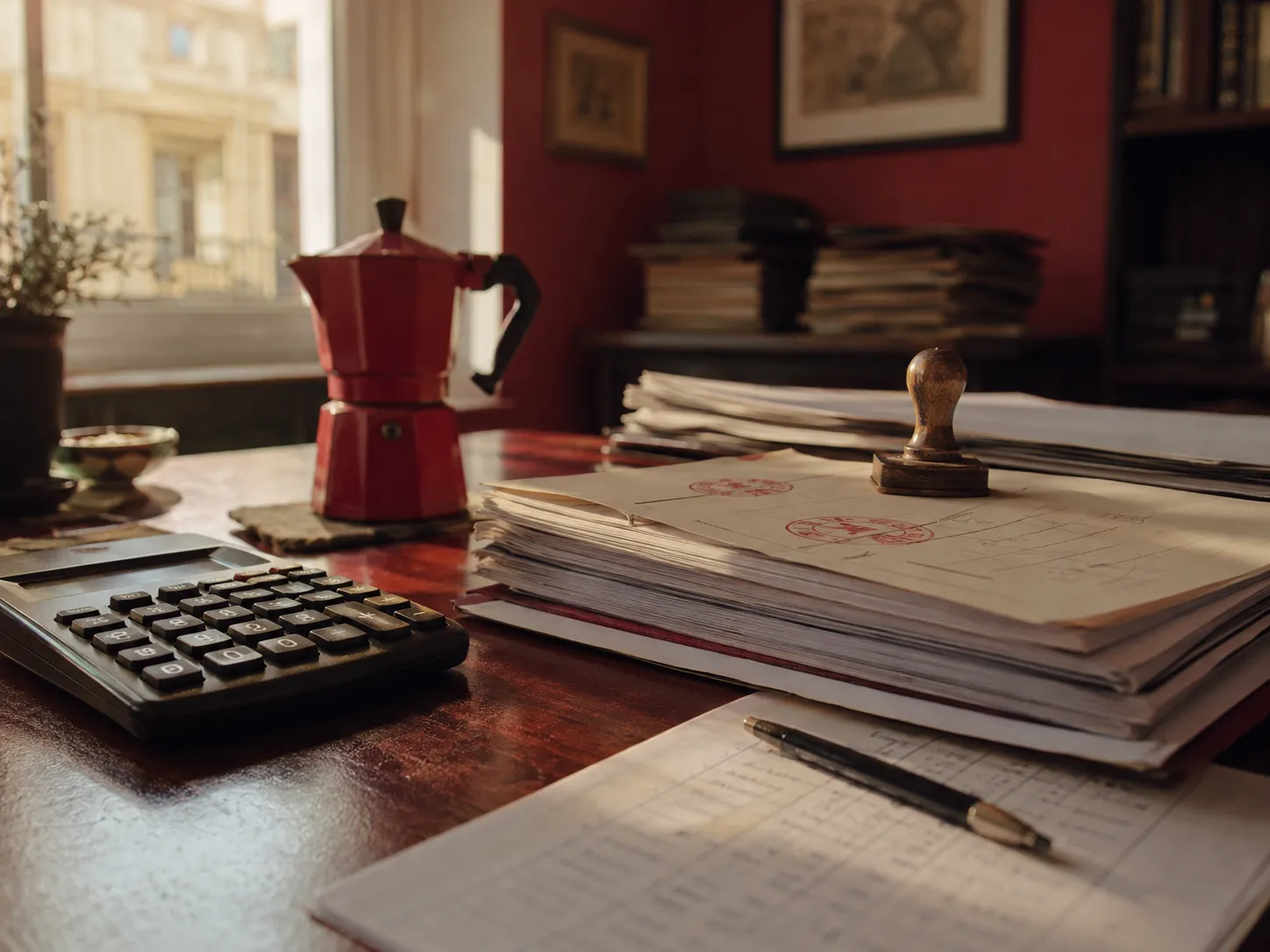 Mesa de una asesoría con calculadora, sellos y cafetera