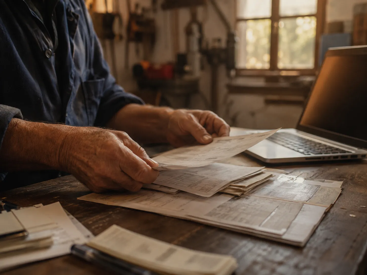 Un autónomo revisa facturas en papel junto a su portátil